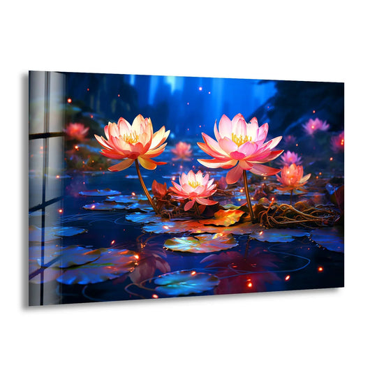 Intense color saturation brings the enchanted lotus bloom to life in this tranquil water lily art from glass, creating a vibrant and eye-catching floral display.