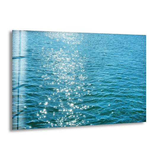 Visual rhythm plays across the sunlit ocean surface wall art in this minimalist sea glass print, showcasing the fluid repetition of light as captured by glass printing.
