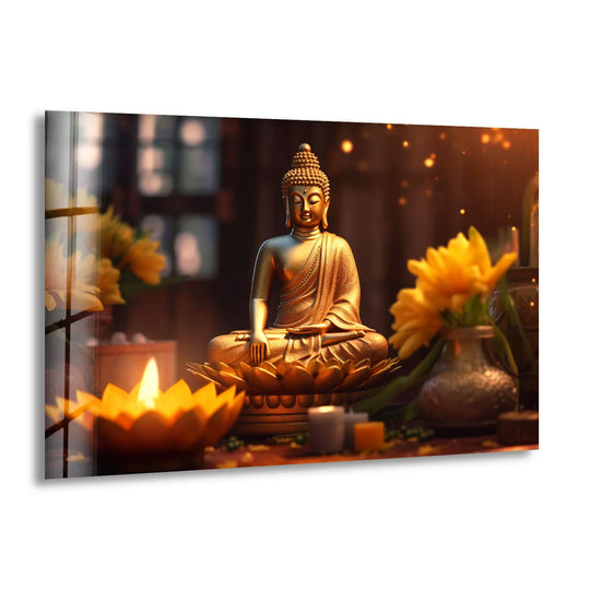 Warm color temperature radiates from the golden Buddha serenity decorative wall art, a peaceful candlelit meditation glass print that inspires tranquility.