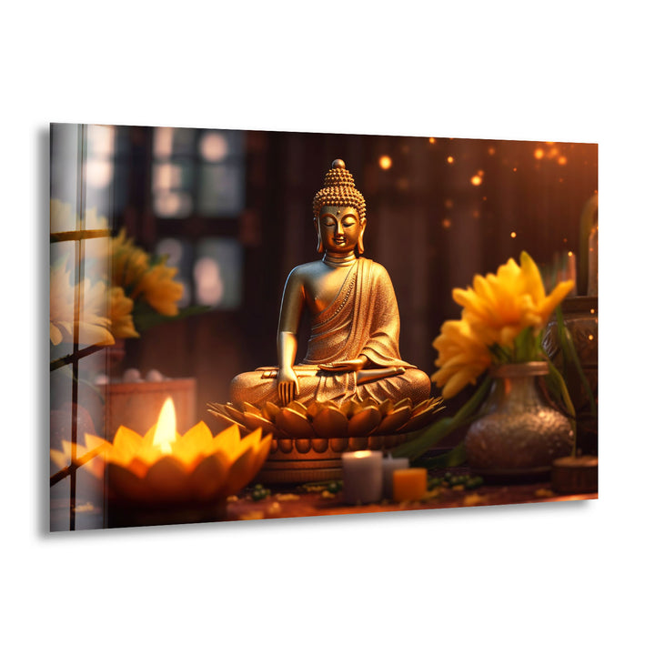 Golden Buddha Serenity Wall Art – Peaceful Candlelit Meditation Glass Print