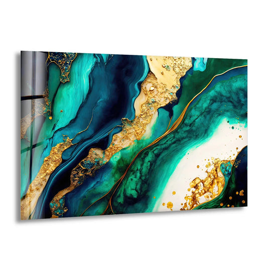Teal and gold marble glass wall art showcasing intricate layering effects, perfect for modern home decor.