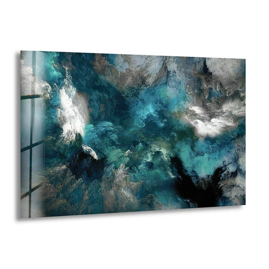 Turbulent navy and aqua blues are dramatically contrasted with stark white and black in this abstract art from glass.
