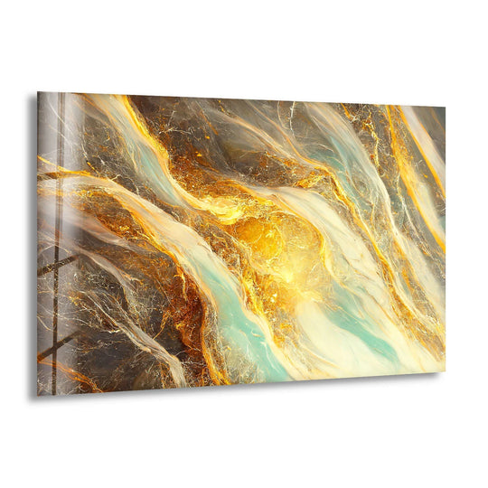 Close-up of a golden abstract marble flow glass print wall art, showcasing subtle reflections on its polished edges.
