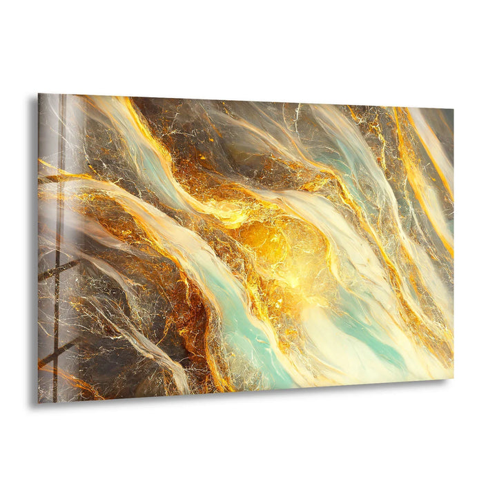 Gold Teal Marble Wall Art – Abstract Glass Print with Fiery Metallic Flow for Modern Elegant Interiors - MyPhotoStation