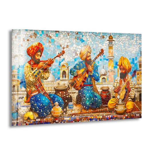 Deep blue mosaic tiles in the foreground create the darkest area of this glass art painting depicting a Rajasthani city scene.