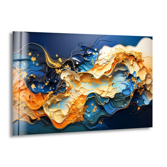 Abstract wall art prints featuring bold navy and sapphire blue liquid waves catching golden light.
