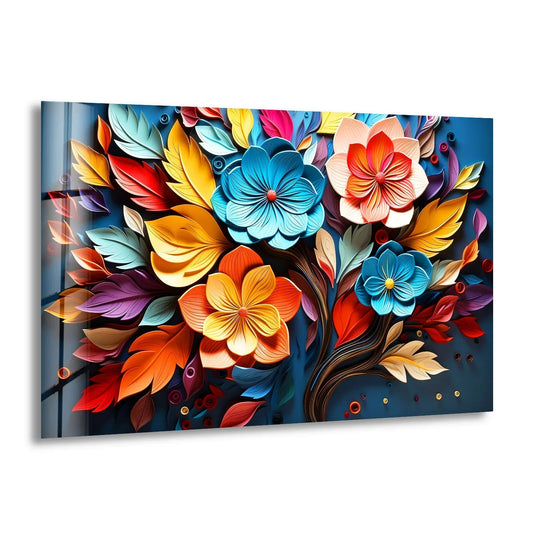 Visual rhythm is achieved through layered and colorful leaves and vibrant floral explosion wall art on tempered glass that offer a consistent flow of decorative wall art.