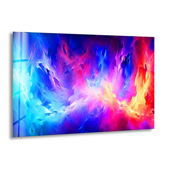 Abstract glass wall art depicts soft, luminous blends of azure, magenta, and golden fire.