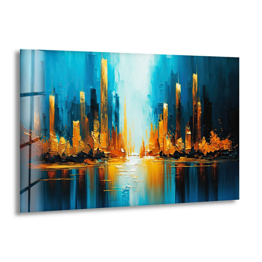 Textured brushstrokes of opulent gold and deep blues define this vibrant abstract city hanging wall art.