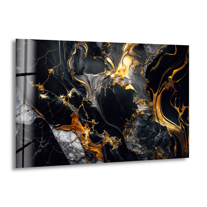 Black Marble Gold Flow Wall Art – Luxury Abstract Glass Print for Modern Interiors