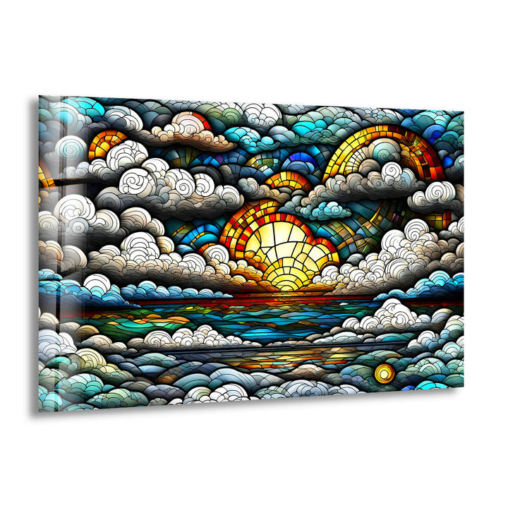 Stained Glass Sunrise Cloudscape Wall Art – Serene Horizon Decor