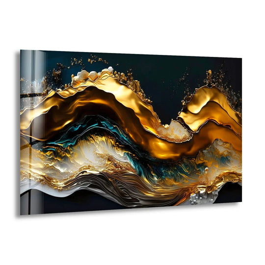 A horizontal abstract glass wall art decor featuring undulating, fluid gold waves with deep teal and black accents.