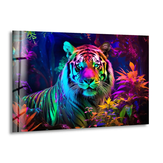 Neon Jungle Tiger Wall Art – Vibrant Wildlife Glass Print for Bold Interiors - MyPhotoStation