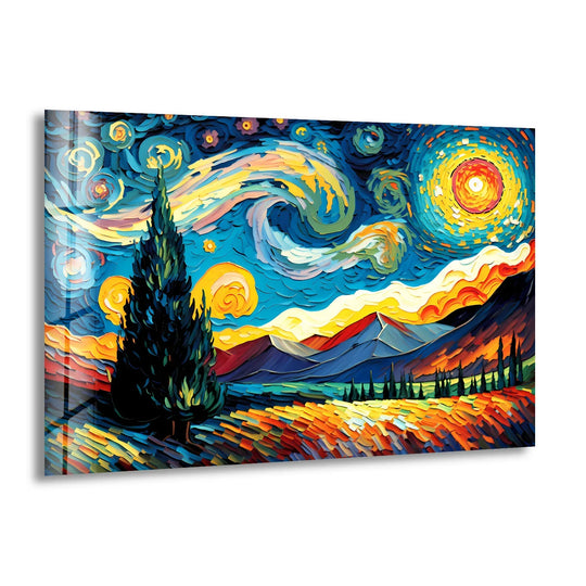 Thick impasto brushstrokes create a textured, vibrant glass wall artwork of Van Gogh's starry night landscape.