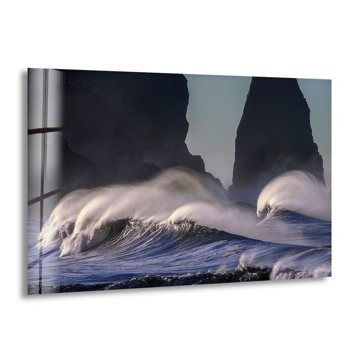 Stormy Ocean Waves Wall Art – Dramatic Coastal Glass Print with Dark Sea Cliffs for Modern Interiors