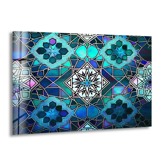 Blue Mosaic Star Glass Wall Art – Islamic Geometric Window Panel, Sacred Pattern Decor - MyPhotoStation