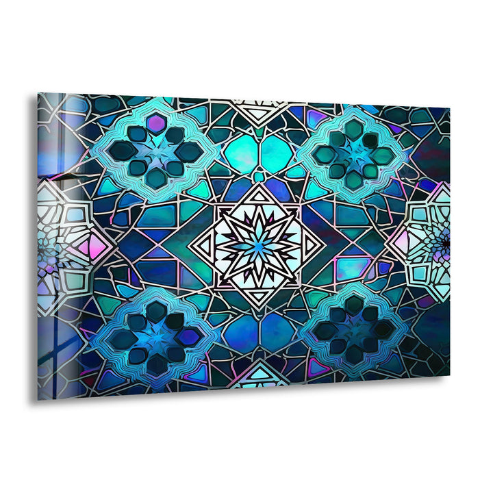 Blue Mosaic Star Glass Wall Art – Islamic Geometric Window Panel, Sacred Pattern Decor