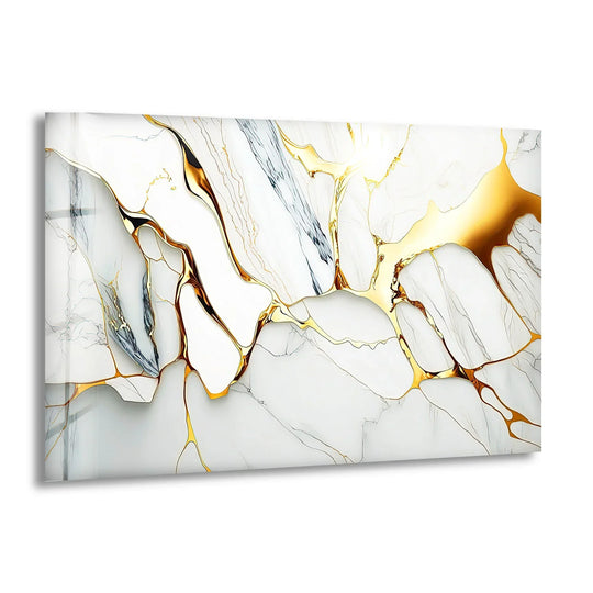 Cool white abstract marble glass wall prints featuring sharp gold veins with a warm temperature glow.