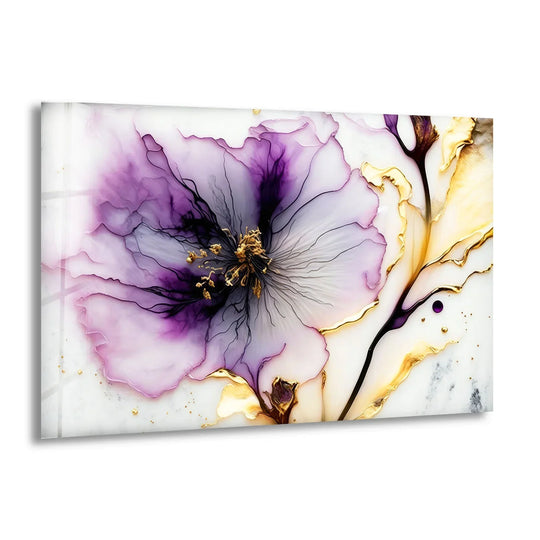 Purple and Gold Abstract Floral Wall Art – Luxury Glass Print for Elegant Interiors - MyPhotoStation