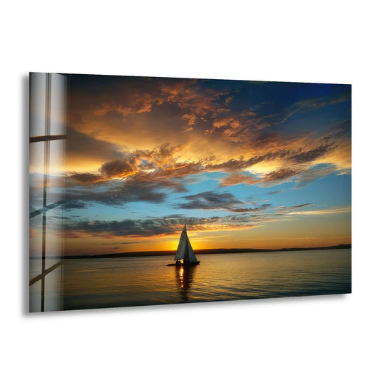 The realistic detail in this Golden Horizon wall art captures the serene sailboat sunset with vibrant colors in a captivating home decoration.