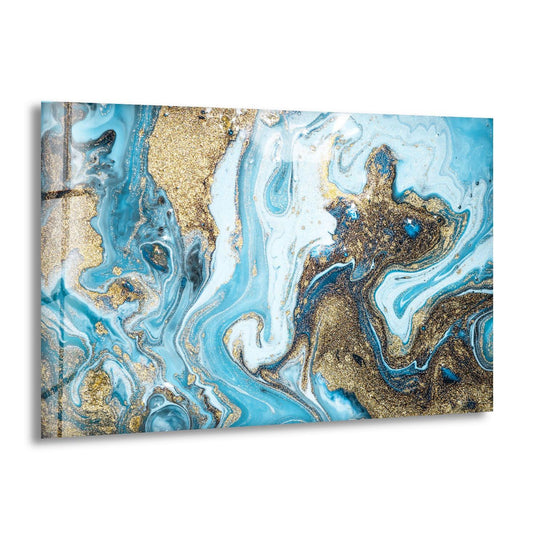 Dark navy and deep black swirls dominate this abstract glass print, a striking piece of decorative wall art.