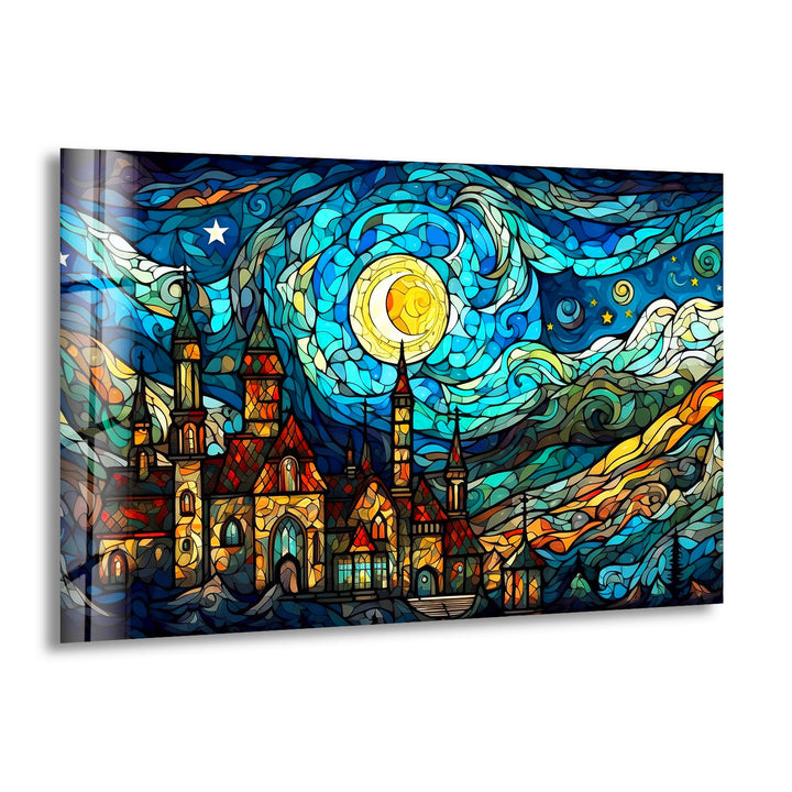 Van Gogh Sternennacht Schloss Glaswandkunst – Buntglas-inspiriert 