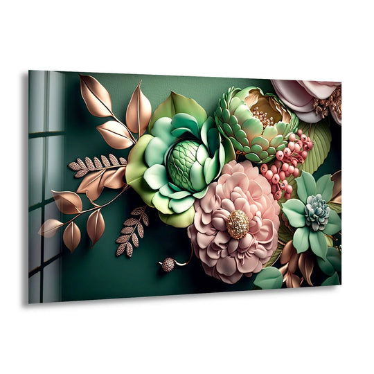 Horizontal rectangular glass wall art decor featuring 3D floral glass print with green botanical, gold, and blush accents.