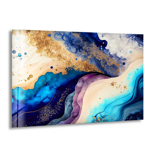 Abstract glass art painting featuring fluid geometric shapes in sapphire, gold, and amethyst hues.