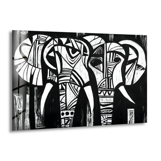 The black and white elephant art is a glass wall art featuring monochrome elephants and abstract patterns making it durable glass wall decor and animal art