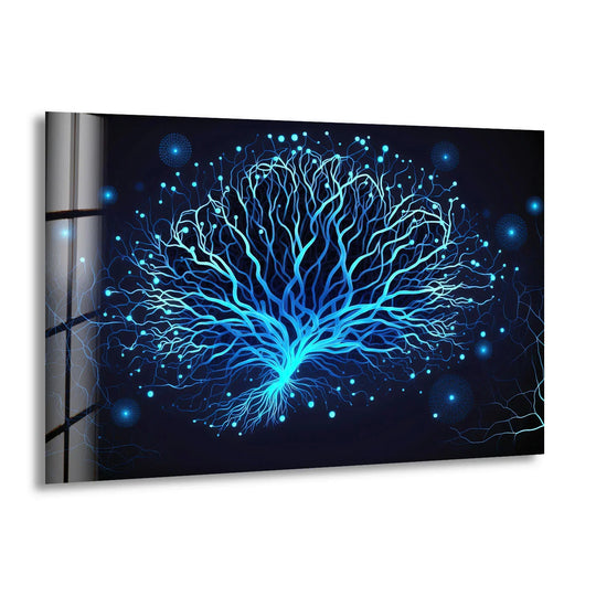 Showcasing a glossy finish, this neural tree wall art features a futuristic blue nerve pattern on tempered glass wall art, adding interior elegance to any space.