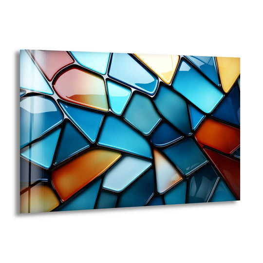 Geometric modern stained glass wall art features bold navy, azure, and fiery red abstract shapes creating unique modern wall decor.