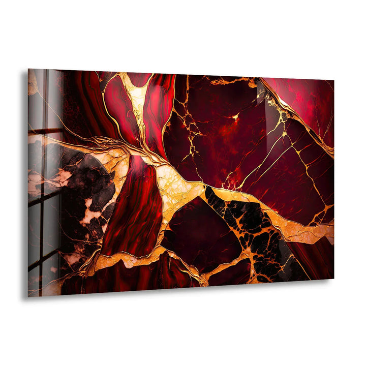 Red and Gold Marble Wall Art – Luxurious Crimson Glass Print with Cracked Vein Pattern for Bold Modern Interiors - MyPhotoStation