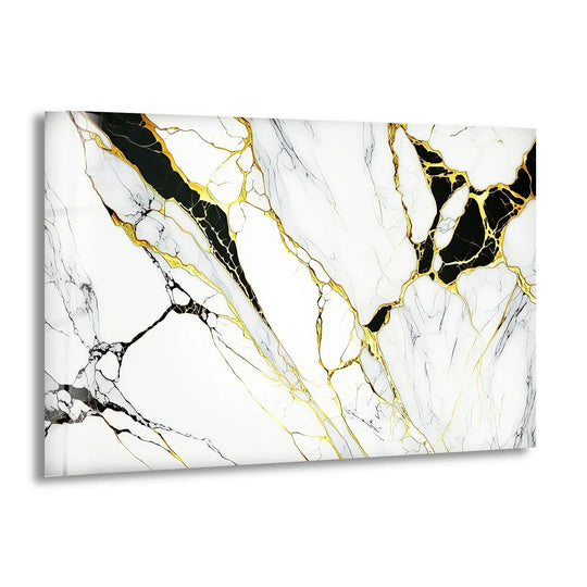 The interplay of light and shadow accentuates the rich black and gold veining in this stunning glass art.