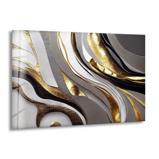 Luxury abstract silver and gold art from glass features flowing metallic textures for modern interiors.