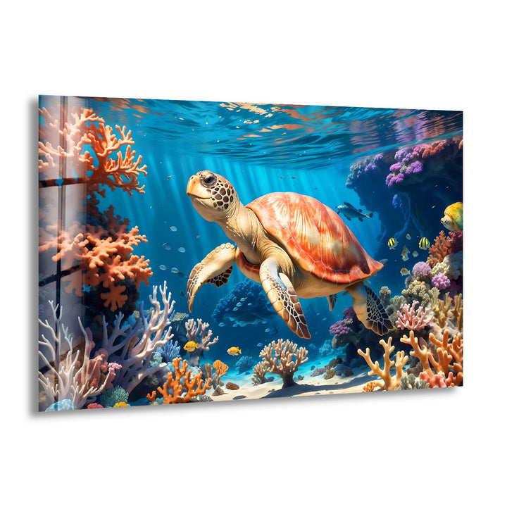 Sea Turtle Underwater Wall Art – Coral Reef Ocean Scene Glass Print