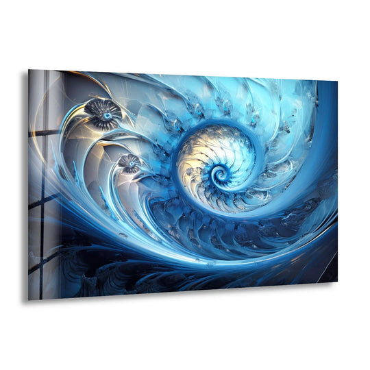 A blue fractal spiral decorative wall art, featuring abstract nautilus glass print edges with subtle metallic accents.