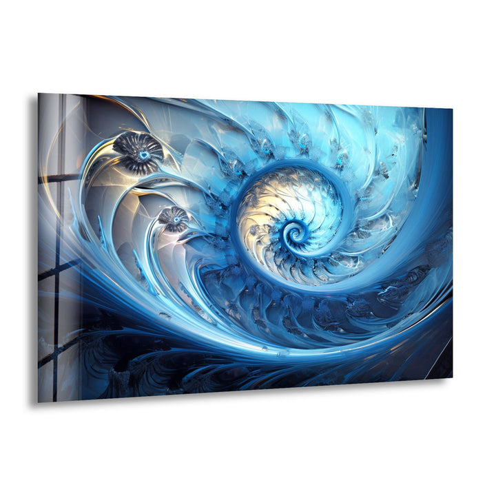 Blue Fractal Spiral Wall Art – Abstract Nautilus Glass Print for Modern Interiors