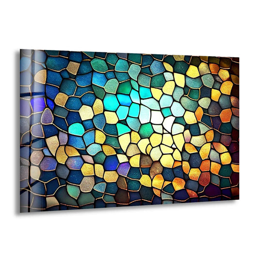 Modern Stained Glass Wall Art – Abstract Mosaic Pattern in Blue & Gold - MyPhotoStation