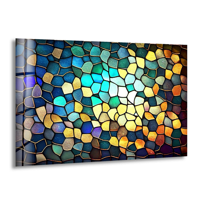 Moderne Wanddekoration aus Buntglas – Abstraktes Mosaikmuster in Blau und Gold