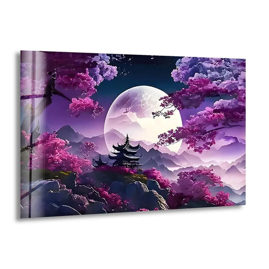 Ethereal, a mystical landscape evokes a serene and dreamy mood, showcasing an enchanting Japanese pagoda scene in tempered glass wall art, bathed in moonlit cherry blossoms.