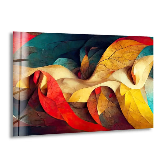 Abstract glass wall artwork evoking a vibrant and energetic mood with flowing colors.