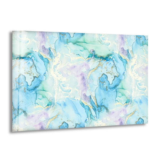 Abstract marble glass print decor features a pastel blue, lavender, and aqua watercolor background with gold veins.