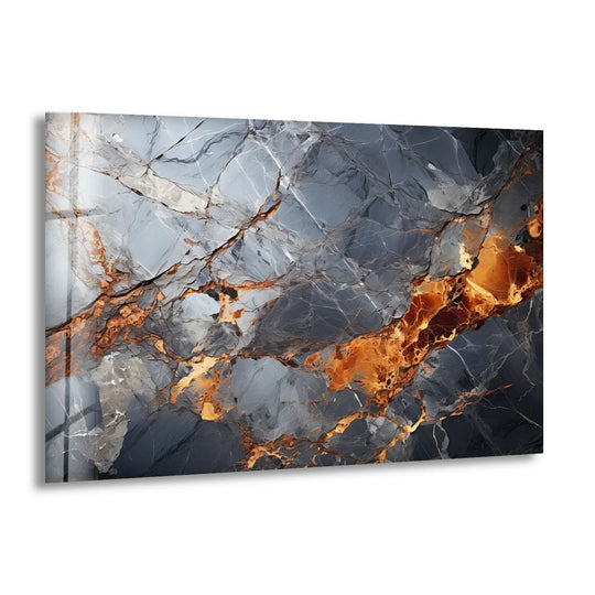 An intense mood emanates from this striking glass wall art decor, showcasing a fiery blue marble abstract with dramatic orange veins.