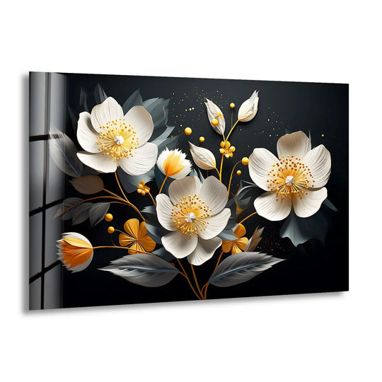 The elegant bloom glass wall art, showcasing white and gold floral designs, offers a sophisticated home decoration with its striking arrangement and deep black backdrop.