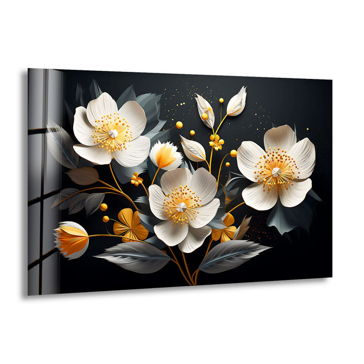 Elegant Bloom Glass Wall Art – White & Gold Floral Design