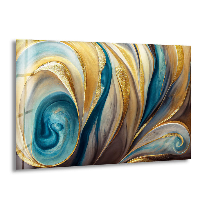 Teal Gold Swirl Wall Art – Elegant Abstract Glass Print for Modern Interiors