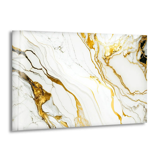 Striking gold veins create dramatic color contrast against the crisp white of this abstract glass wall art.
