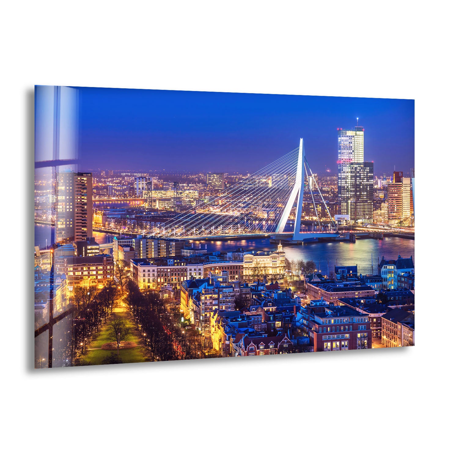 Rotterdam Cityscape Wall Art – Night Skyline Glass Print with Erasmus Bridge and Vibrant Lights for Modern Urban Interiors