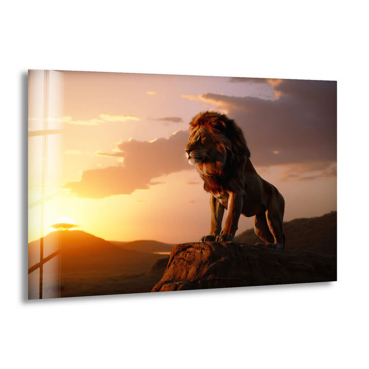 Wandkunst mit Löwe bei Sonnenuntergang – Majestätischer Glasdruck mit Safari-Szene für mutige Innenräume
