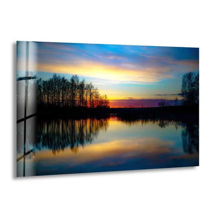 Sunset Reflection Wall Art – Tranquil Forest & Lake Glass Print for Serene Decor - MyPhotoStation